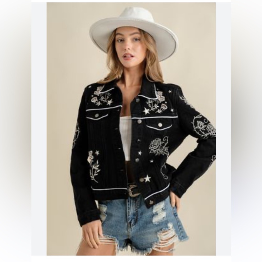 Black and White Embroidered Jean Jacket with Western Flair - Picture 2 of 13